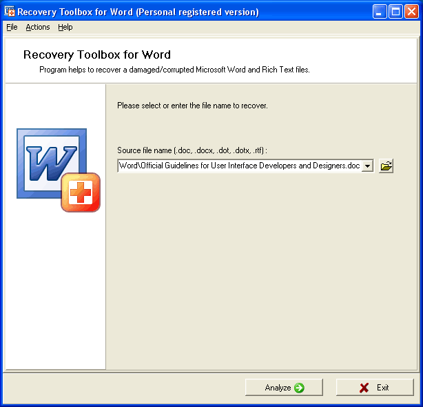 Click to view Recovery Toolbox for Word 2.0.7 screenshot