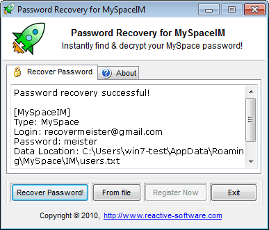 Click to view Password Recovery for MySpaceIM 1.14.02.10 screenshot
