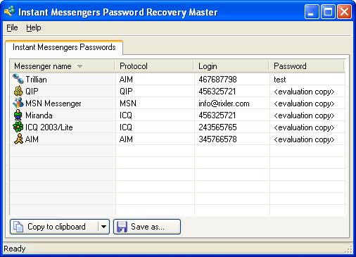 Click to view Instant Messengers Password Recovery Master 1.1 screenshot
