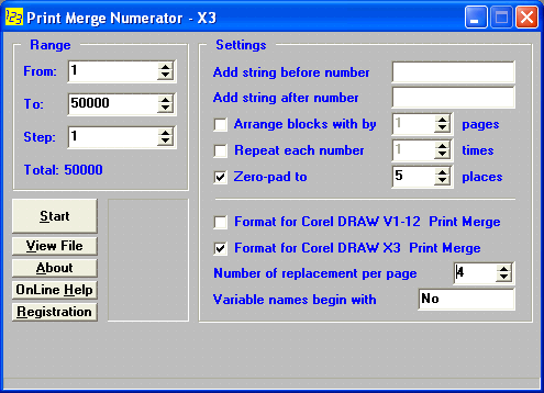 Click to view X3 Print Merge Numerator 2.00 screenshot