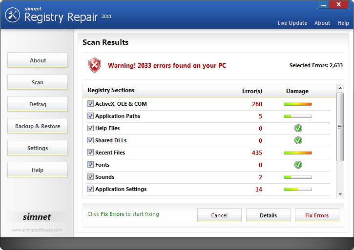 Click to view Simnet Registry Repair 2011 3.1.1.2 screenshot