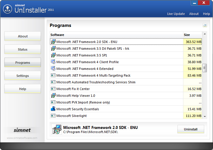 Click to view Simnet UnInstaller 2011 3.1.2.3 screenshot