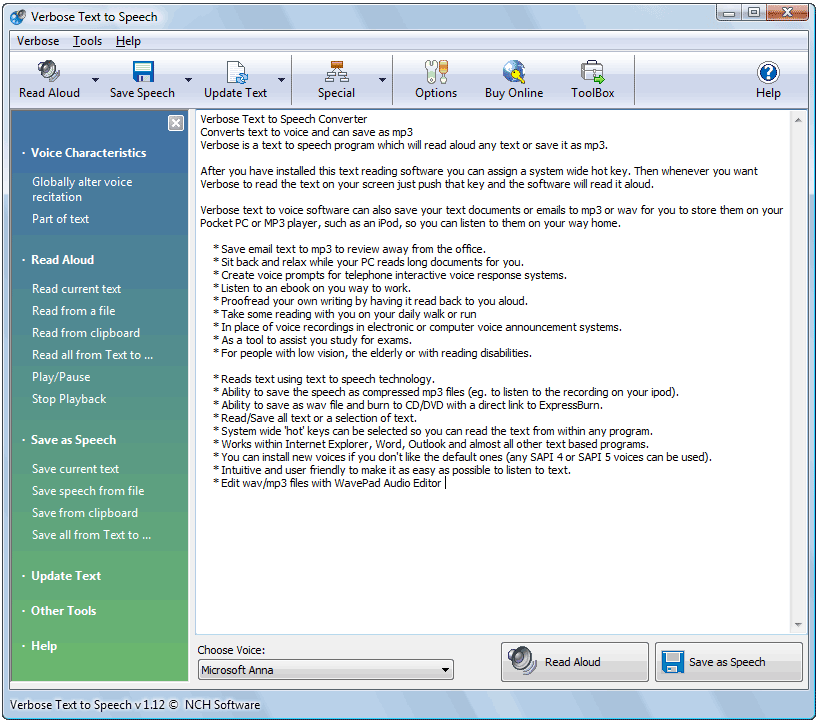 Click to view Verbose Text to Speech Software 2.01 screenshot