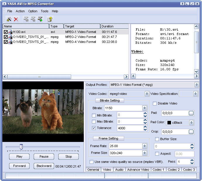 Click to view YASA AVI to MPEG Converter 3.6.54.1302 screenshot